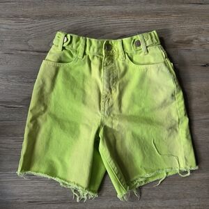 💚BDG Urban Outfitters Longline Carpenter Neon Green Denim Shorts Tie Dye 90s 80